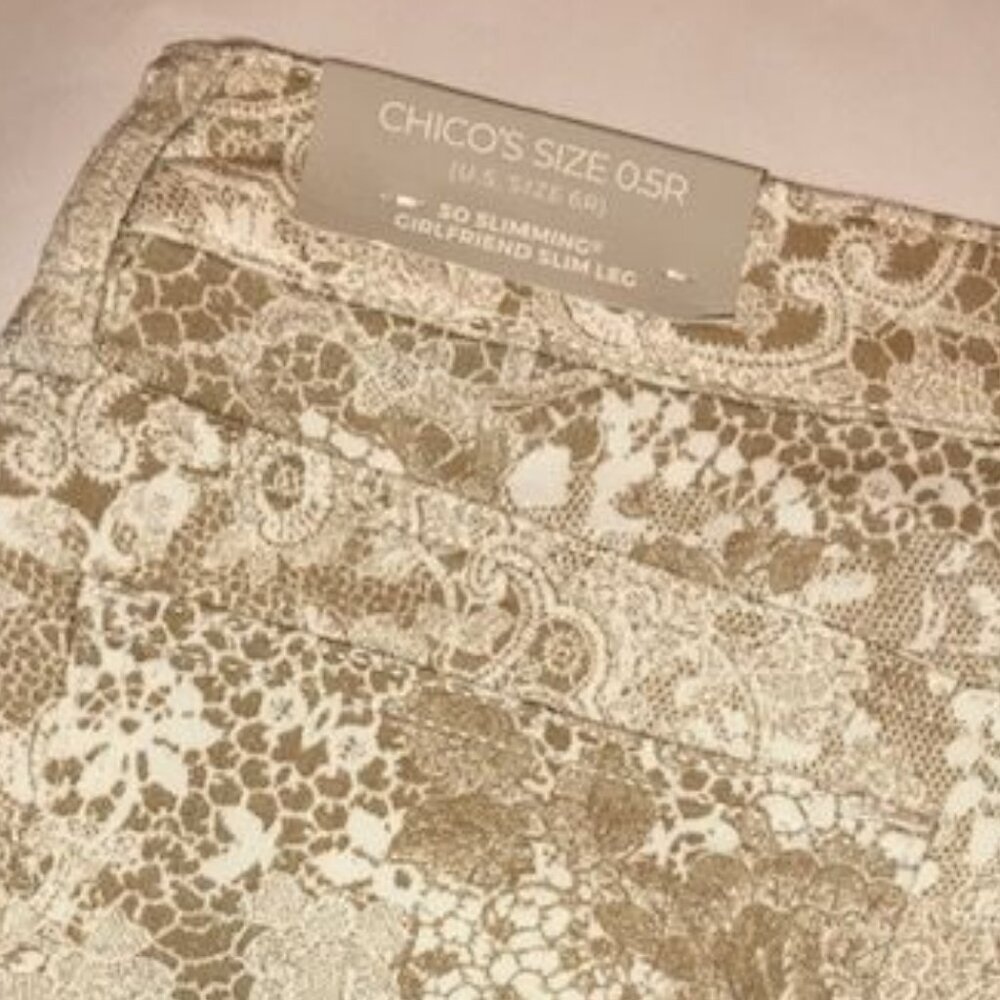 Chico's Sugar Sand Lace Print So Slimming Girlfriend Slim Leg Stretch Jean - Picture 11 of 14